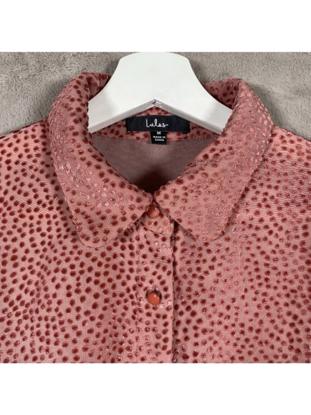Lulus Top M Positive Influences Pink Dotted Long Sleeve Button Up Flocked Sheer - Picture 6 of 16